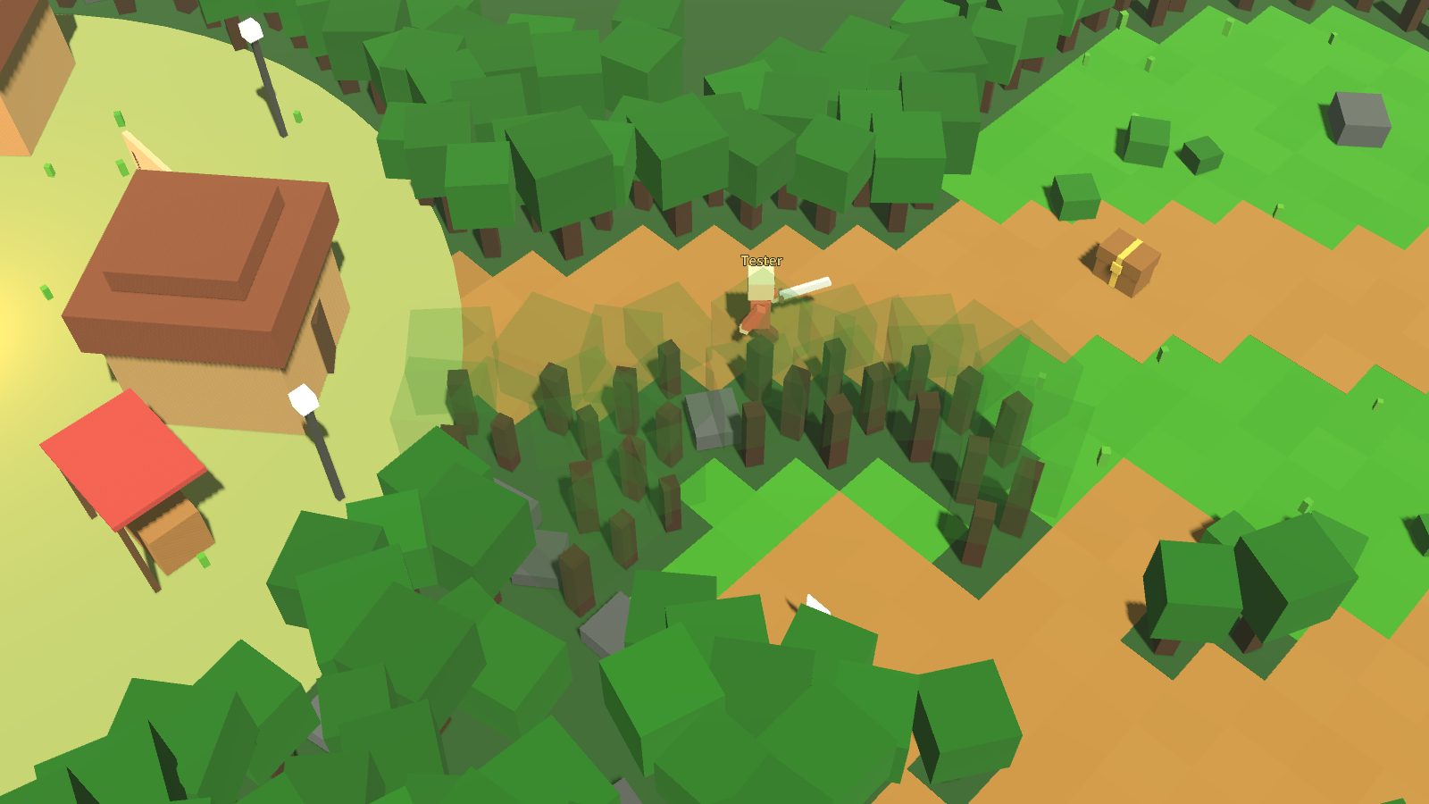 The village at midday, huts around a campfire